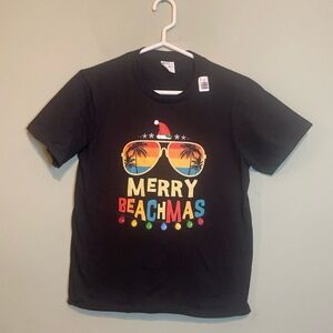 NWT Kids Youth Merry Beachmas‎ Santa Tropical Funny Summer T-Shirt Black Large